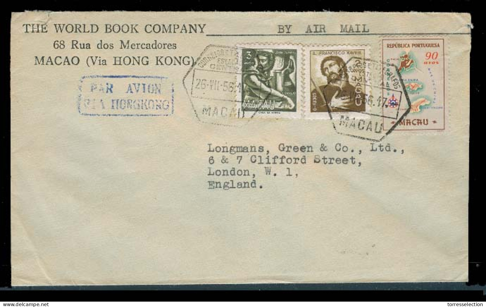 MACAU. 1956. Macau - UK. Air Comercial Fkd Env. VF. - Andere & Zonder Classificatie