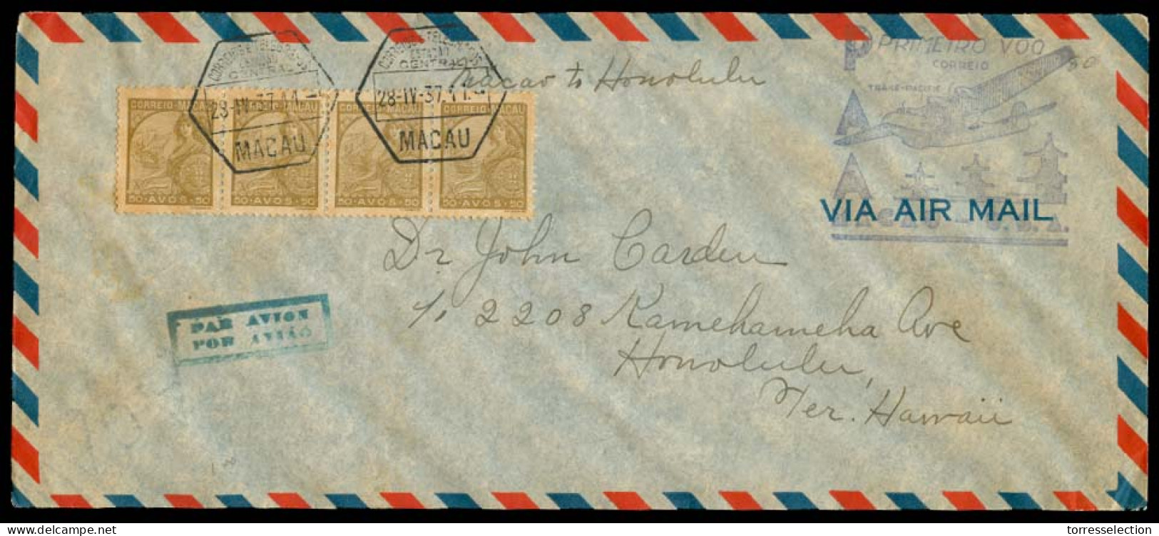 MACAU. 1937 (24 April). Macau - Hawaii. First Flight. Fkd Env. Fine. - Otros & Sin Clasificación