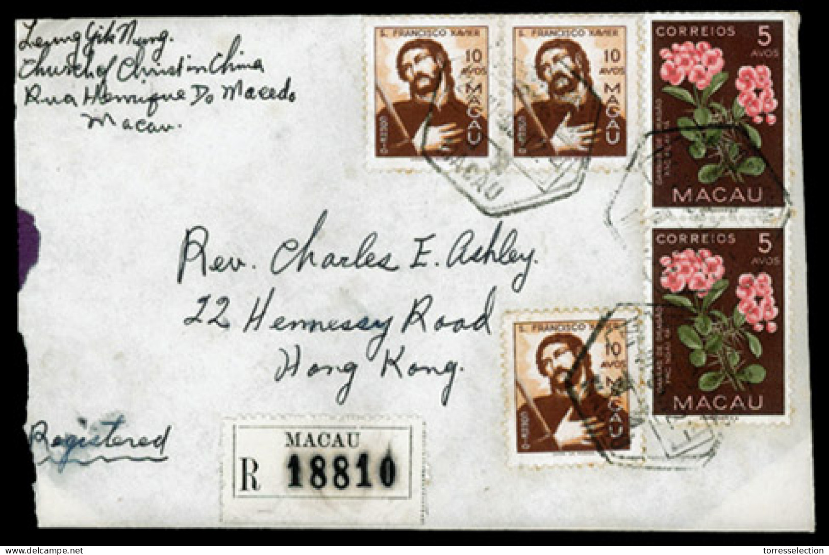 MACAU. MACAU. 1955 (March 22). Cover To Hong Kong Sent Registered With Flowers 1953 5a Pair And 1951 Xavier 10a Red Brow - Otros & Sin Clasificación