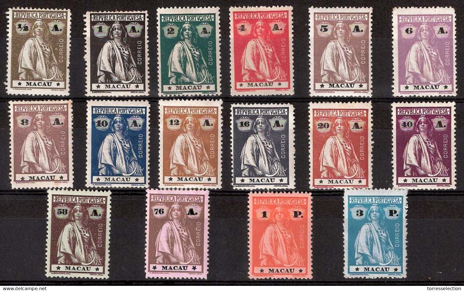 MACAU. 1913 (Choi 210 / 225). Ceres , Pf 15 X 14. Complete Set Of 16 Mint / Hinged. (99 HK $ 6,000). Fine. - Altri & Non Classificati