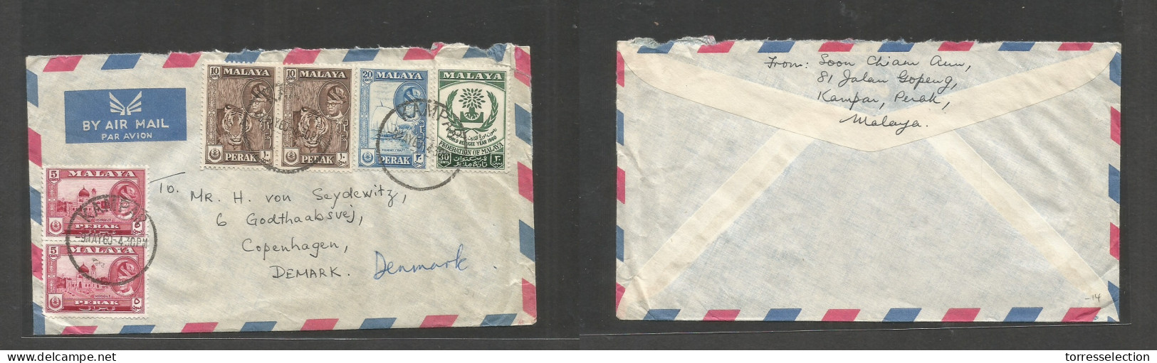 MALAYSIA. 1960 (9 May) Perak, Kampar - Denmark, Cph. Air Multifkd Env, At 80c Rate, Tied Cds. VF. - Malaysia (1964-...)