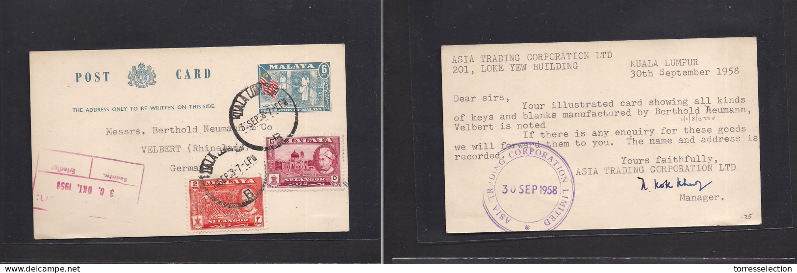 MALAYSIA. 1958 (30 Sept) KL - Germany, Velbut (30 Oct) 6c Blue Stat Card + 2 Adtls. Fine Used. - Malaysia (1964-...)