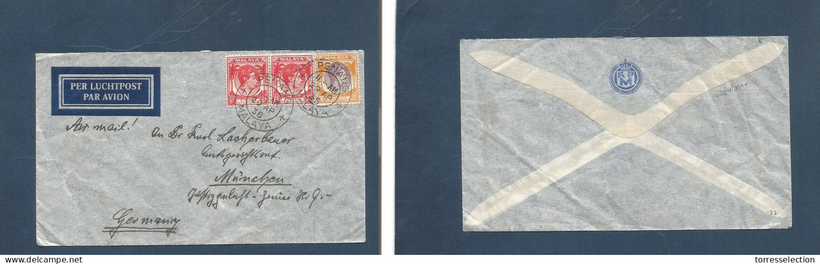 MALAYSIA. 1938 (29 Apr) Penang - Germany, Munich. Air Multifkd Env. Lovely Condition Usage. 42c Rate. - Malaysia (1964-...)