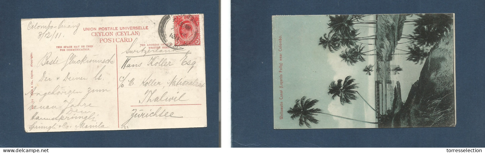 MALAYSIA. 1911 (7 Dec) Penang - Switzerland, Tualwal. Fkd Ppc. Colombo Card. - Malaysia (1964-...)