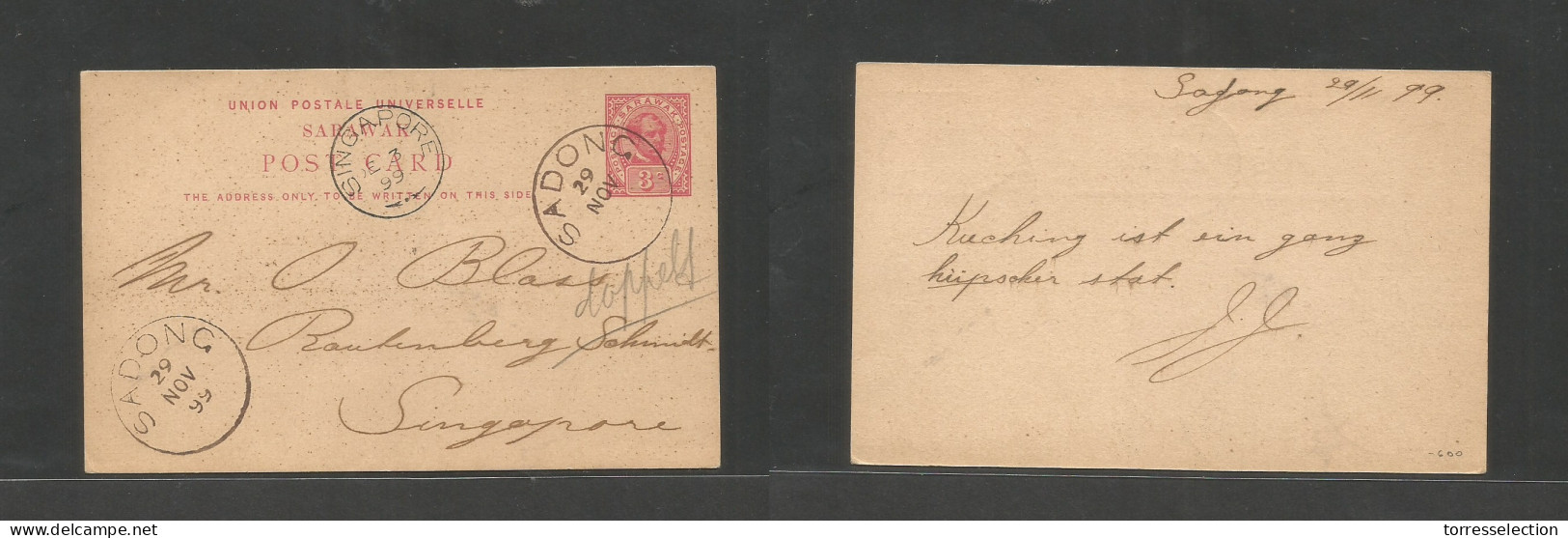 MALAYSIA. 1899 (29 Nov) SARAWAK. Sadong - Singapore (3 Dec) 3c Red Stationary Card, Cancelled Large Cds Type + Arrival O - Malaysia (1964-...)