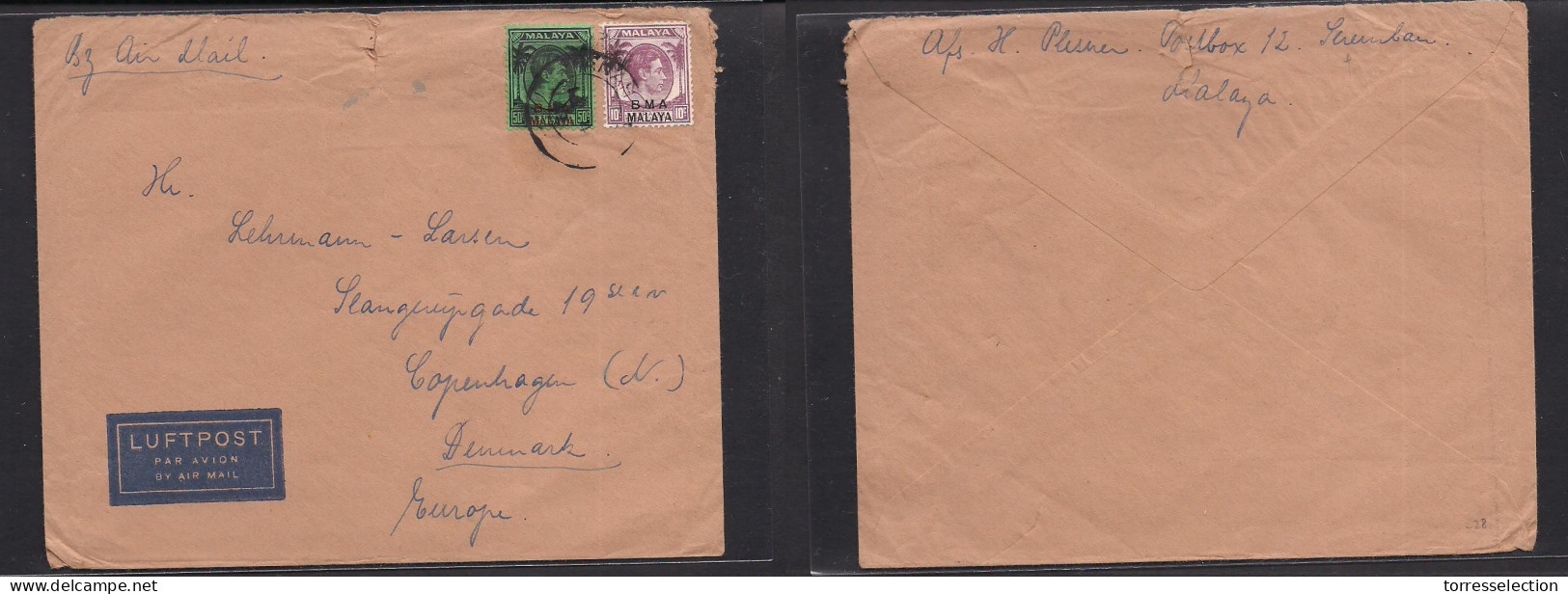 MALAYSIA. 1947 (17 Apr) BMA, Penang - Denmark, Cph. Air Multifkd Env. - Malaysia (1964-...)