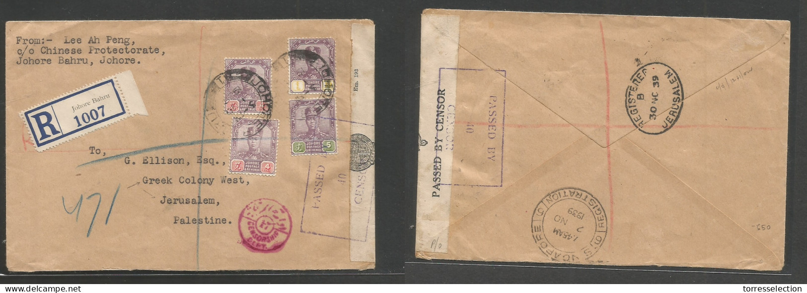 MALAYSIA. 1939 (1 Nov) Johore Bahru - Palestine, Jerusalem (30 Nov) Registered Multifkd WWII Censored Envelope At Depart - Malaysia (1964-...)