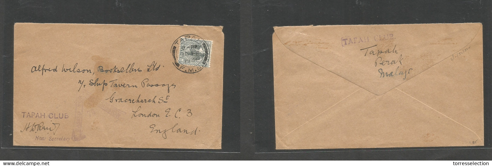 MALAYSIA. 1941 (26 Febr) FMS, Perak, Tapah - London, England. Tapah Club. WWII Fkd 8c Censored Envelope. Fine Usage. - Malaysia (1964-...)