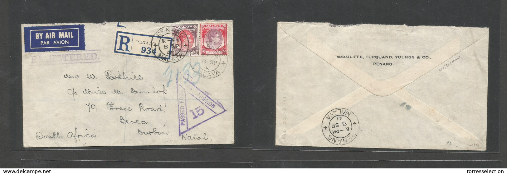 MALAYSIA. 1941 (8 Sept) Penang - Natal, S. Africa, Berea, Durban. Registered Air Multifkd Env, At 65c Rate, Tied Cds + R - Malaysia (1964-...)