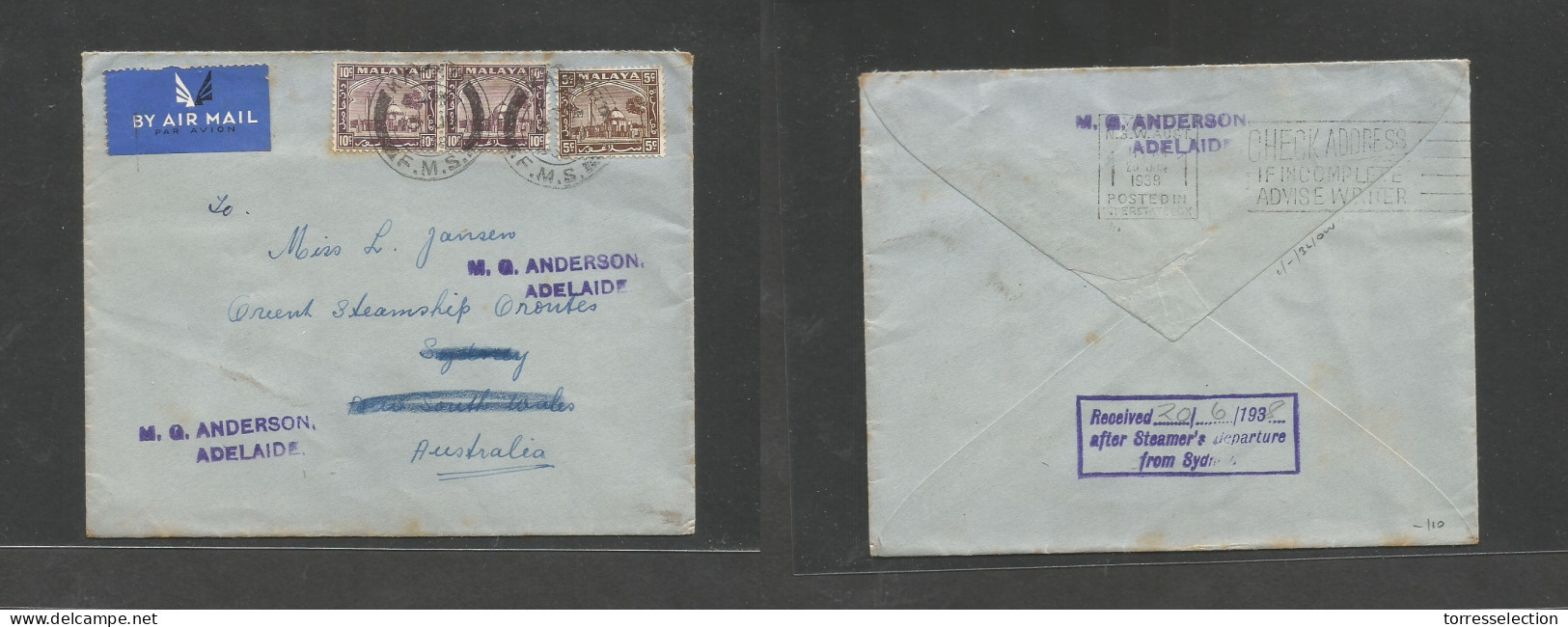 MALAYSIA. 1938 (13 June) FMS, Kayard - Australia, NSW, Fwded Adelaide. Air Multifkd Env, Fkd Cds, At 30c Rate. VF. - Malaysia (1964-...)