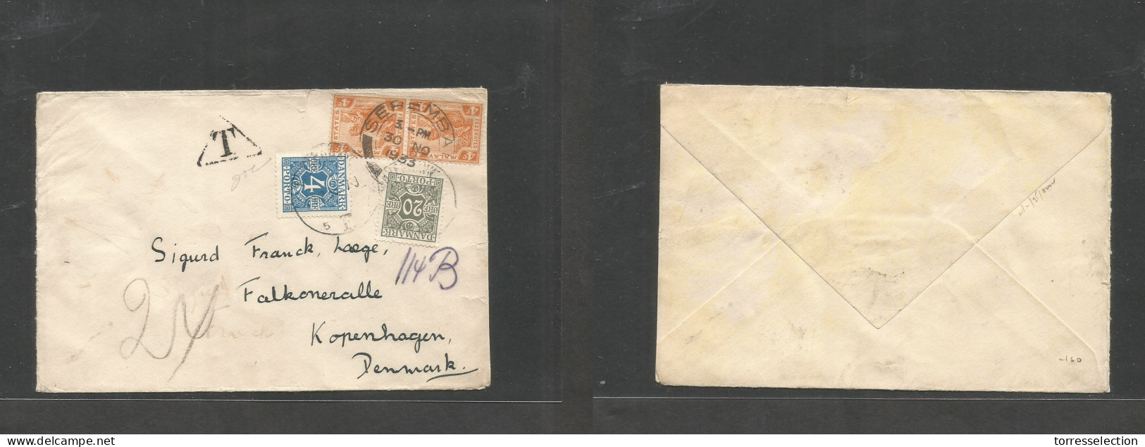 MALAYSIA. 1933 (30 Nov) FMS. Serembang - Denmark, Kph. Multifkd Env, Taxed + Arrival Danish Postage Dues At 24 Ore Rate, - Malaysia (1964-...)