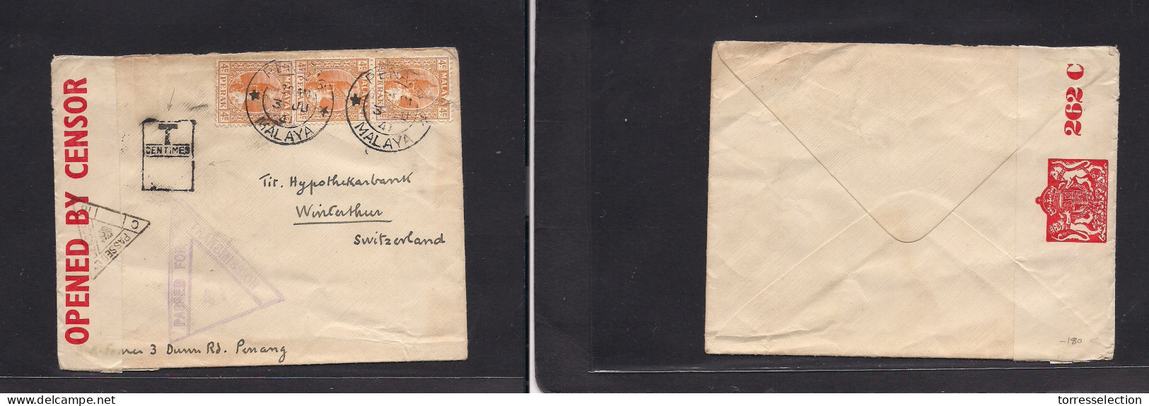 MALAYSIA. 1941 (3 June) PERAK, Penang - Switzerland, Winterthur WWII Multifkd Env At 12c Rate, Tied Cds, Taxed + British - Malaysia (1964-...)