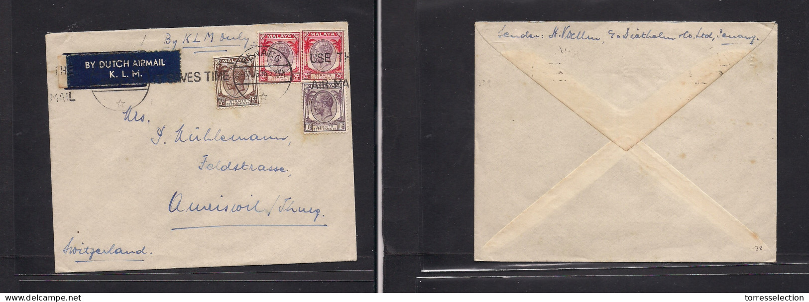 MALAYSIA. 1936 (6 Aug) Penang - Switzerland, Auriswil. Multifkd Env Via Dutch Mail KLM Blue Air Label, Tied Rolling Cach - Malaysia (1964-...)