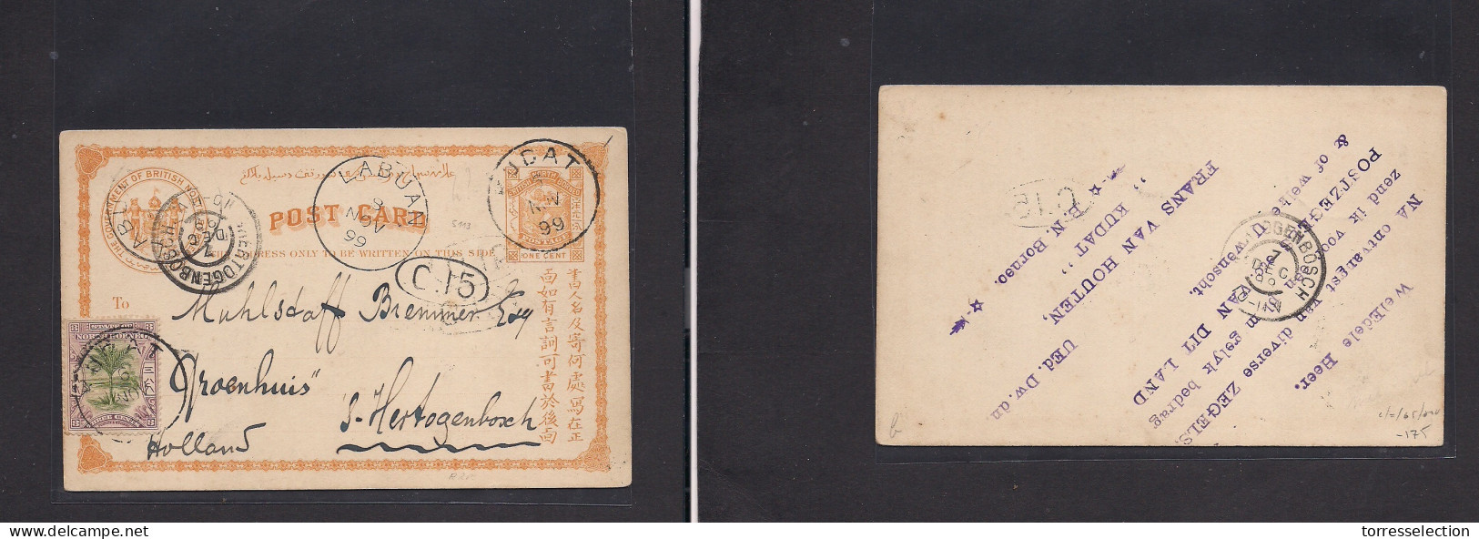 MALAYSIA. 1899 (6 Nov) Kudat - Netherlands, Hertogenbosch (7 Dec) 1c Orange + Adtl Stat Card, Transited Via Labuan. Fine - Malaysia (1964-...)