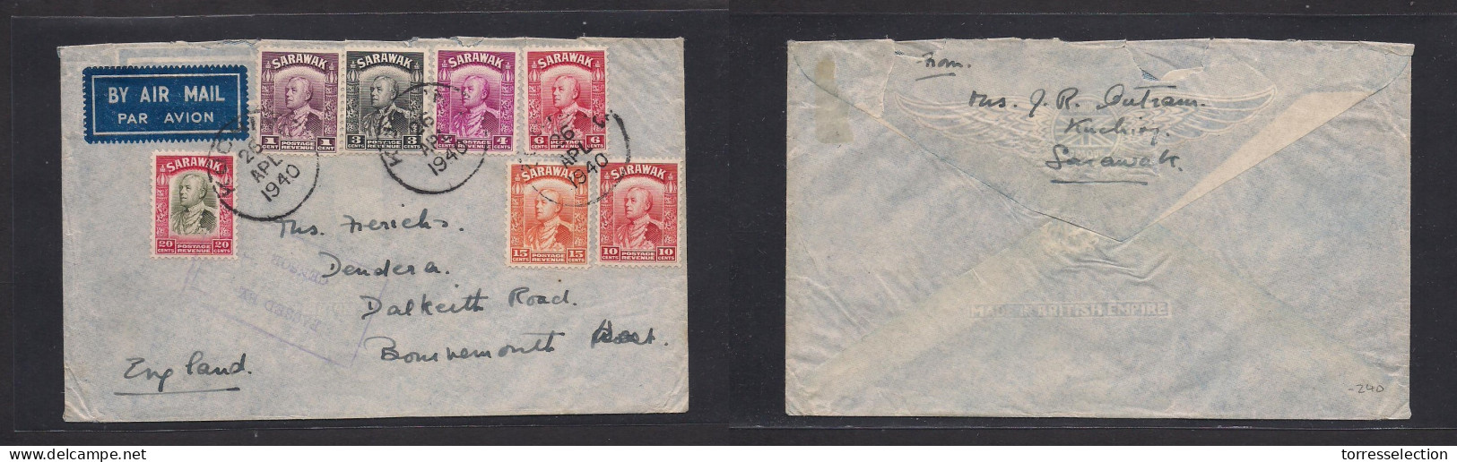 MALAYSIA. 1940 (26 April) SARAWAK, Kuchin - England, Bournemouth. Air Multifkd Censored Envelope VF Used. Nice Condition - Malaysia (1964-...)