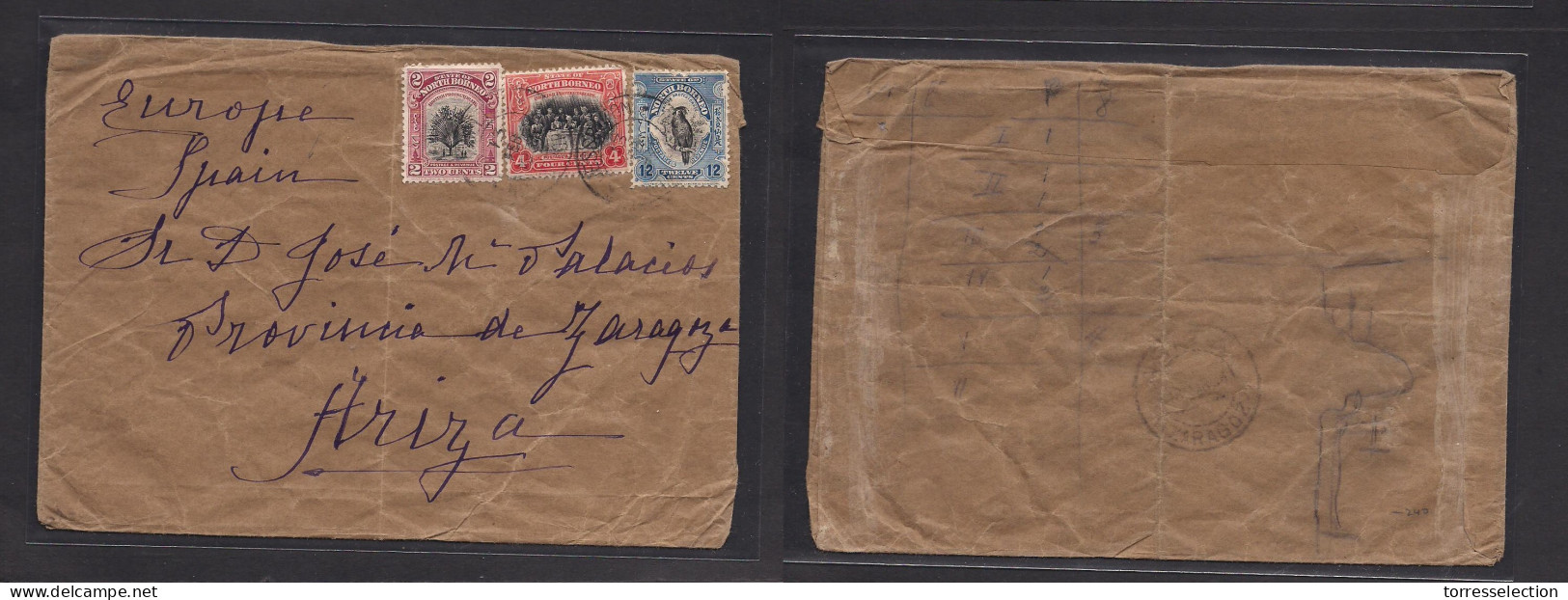 MALAYSIA. 1932 (13 Feb) North Borneo. Jesselton - Spain, Ariza, Zaragoza (18 March) Multifkd Env. Outrageus Rare Destina - Malaysia (1964-...)