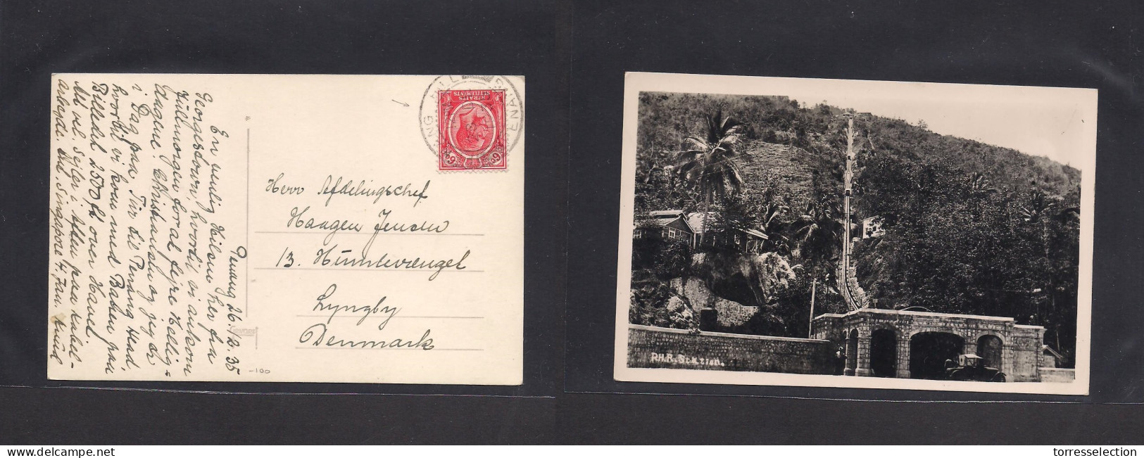 MALAYSIA. 1935 (23 Dec) Penang - Denmark, Lyngby. Fkd RHR Station Photo Card, Tied Penang Hill, Cds. Fine + Dest. - Malaysia (1964-...)