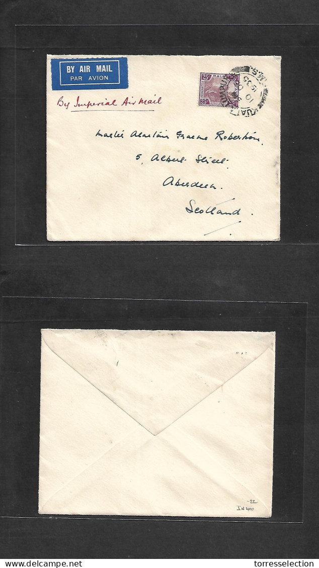 MALAYSIA. 1935 (10 Dec) FMS. Kuala Lumpur - Scotland, Aberdeen. Air Single 25c Lilac Fkd Envelope Via Imperial. IW400. X - Malaysia (1964-...)