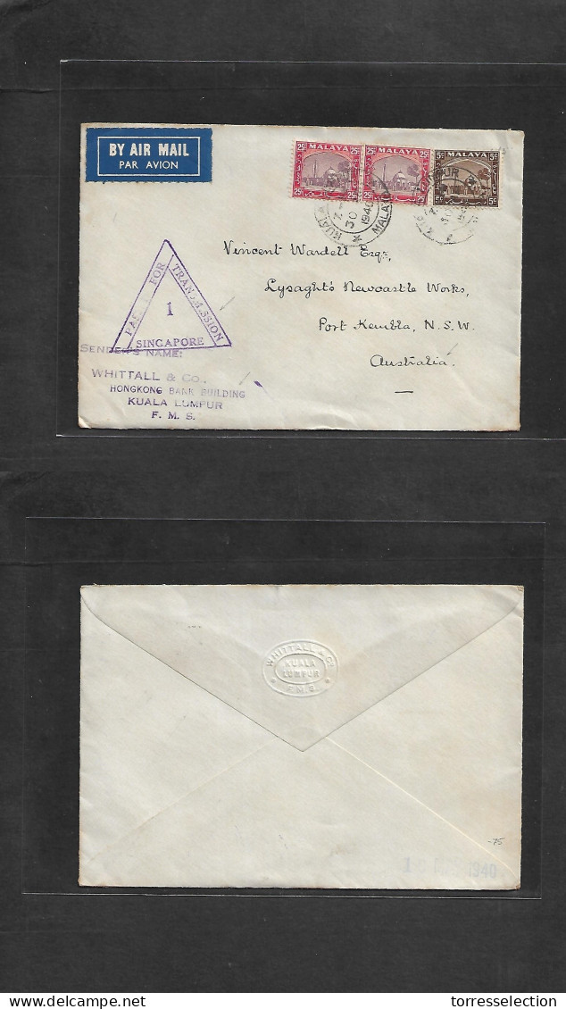 MALAYSIA. 1940 (30 Apr) Kuala Lumpur - Australia, Port Kembla, NSW. Air Multifkd Env. WWII Censor "1" Sing Cachet. XF. - Malaysia (1964-...)