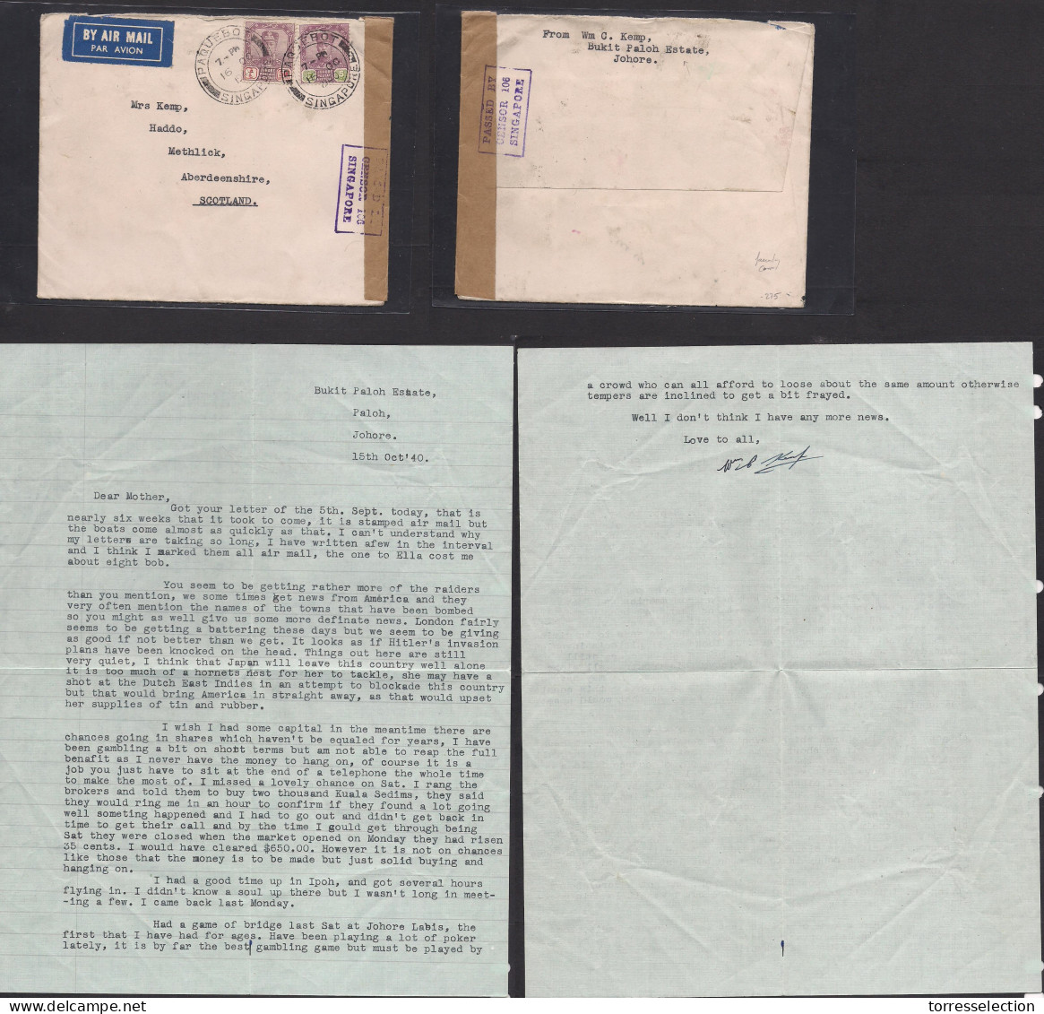 MALAYSIA. 1940 (16 Oct) Johore, Buket Paloh Estate - Scotland, Aberden. Air Multifkd Censored Ovptd Tied Paquebot / Sing - Malaysia (1964-...)