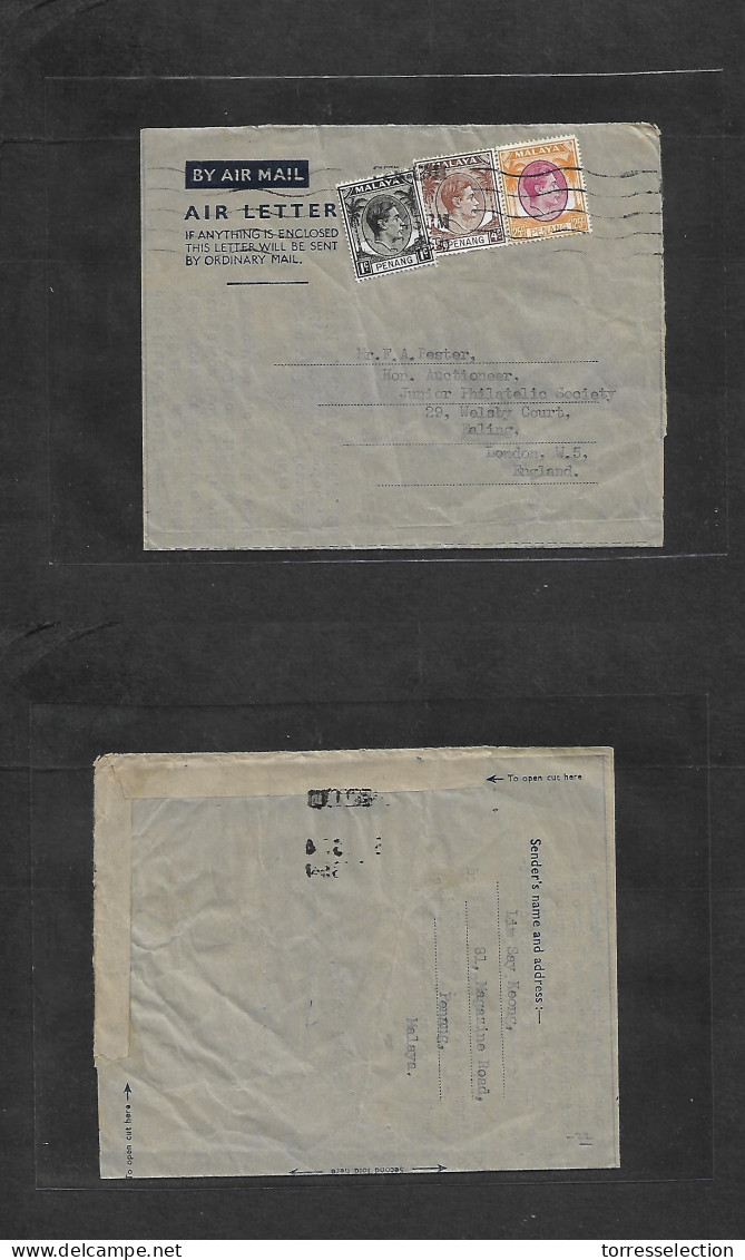 MALAYSIA. 1954 (25 Aug) Penang - UK, London. Multifkd Airletter Sheet, At 30c Rate, Rolling Cance. VF. - Malaysia (1964-...)