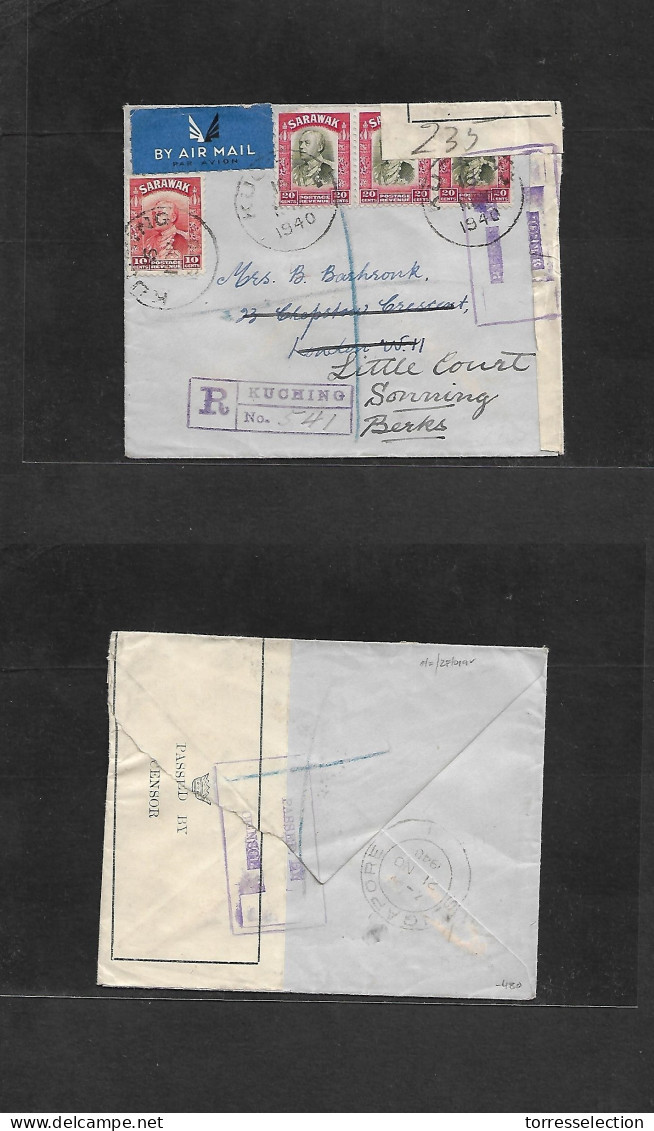 MALAYSIA. 1940 (16 Nov) SARAWAK. Kuching - UK, Berks, Sonning. Via Singapore (21 Nov) Registered Air Multifkd Envelope + - Malaysia (1964-...)