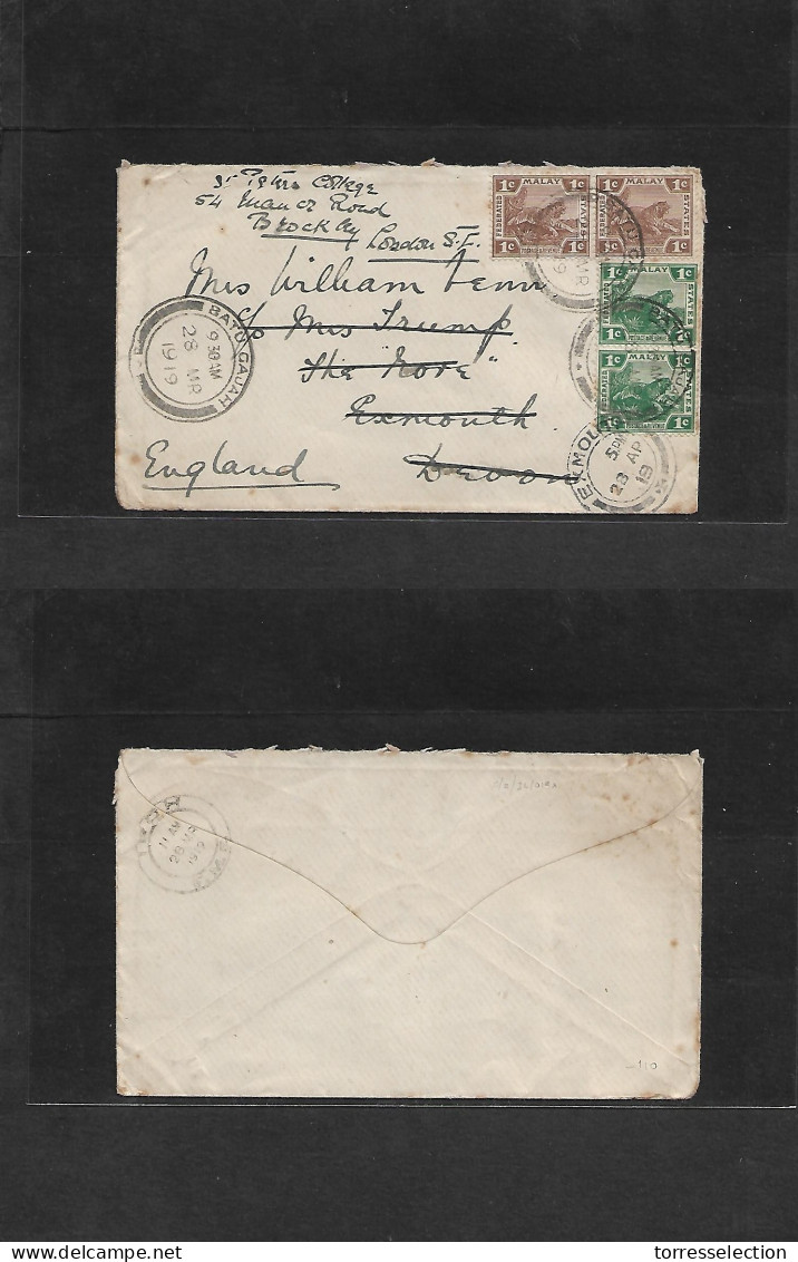 MALAYSIA. 1919 (28 March) Batuh Cajah - UK, Devon, Exmouth (28 Apr) Multifkd Env. Fine Origin Usage International Mail.  - Malaysia (1964-...)