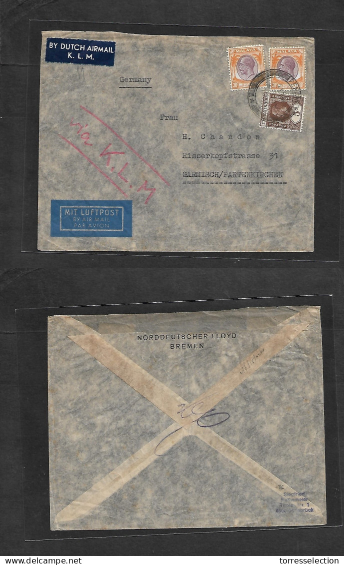 MALAYSIA. 1936 (22 June) Penang - Germany, Garmisch, Partenkirchen. Via KLM Label Air Multifkd Envelope. Fine. - Malaysia (1964-...)