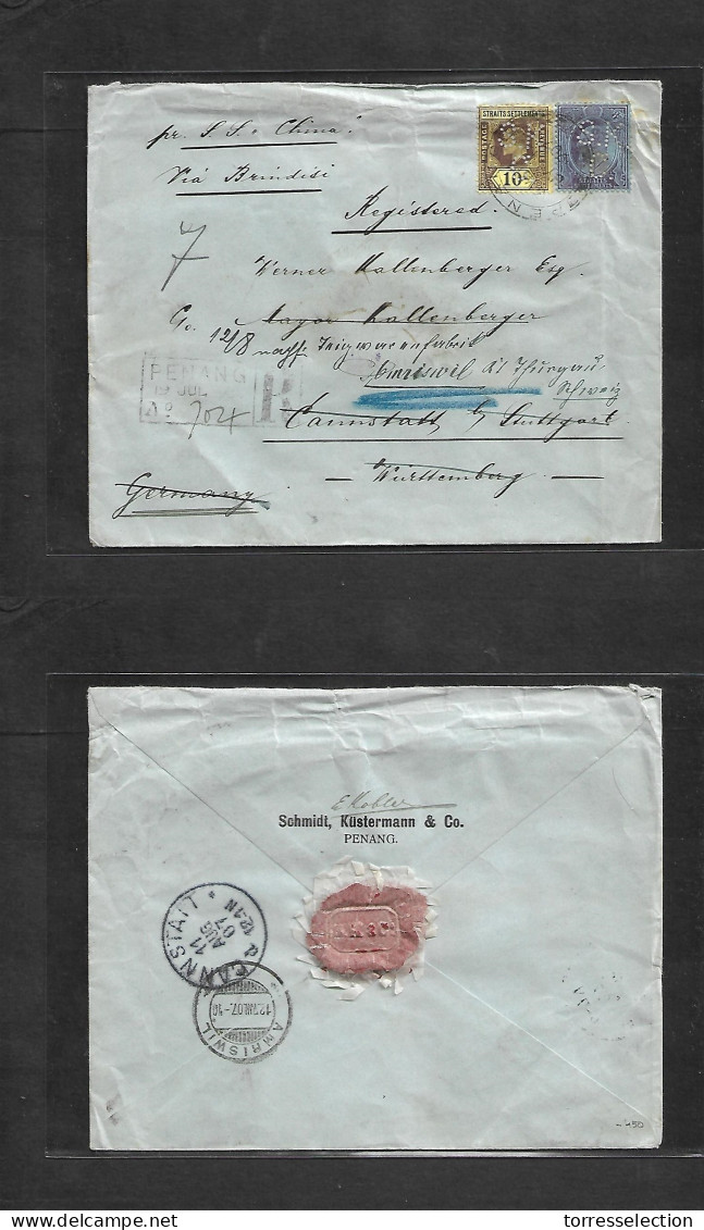 MALAYSIA. 1907 (July 19) Penang - Wurttemberg, Forward Arns Riswil, Switzerland (12 Aug) Registered Multifkd Mixed Issue - Malaysia (1964-...)