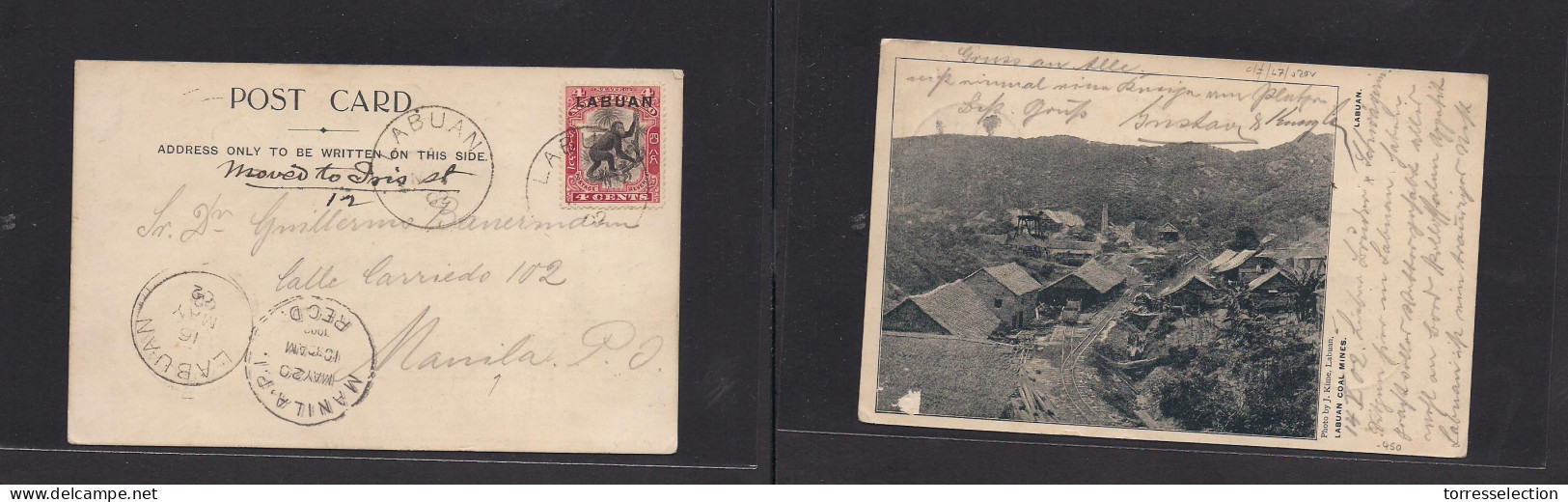 MALAYSIA. 1902 (14-16 May) Labuan GPO - Manila, Philippine Islands (May 20) Rare Ovptd Issued Fkd Postcard Of Labuan Coa - Malaysia (1964-...)