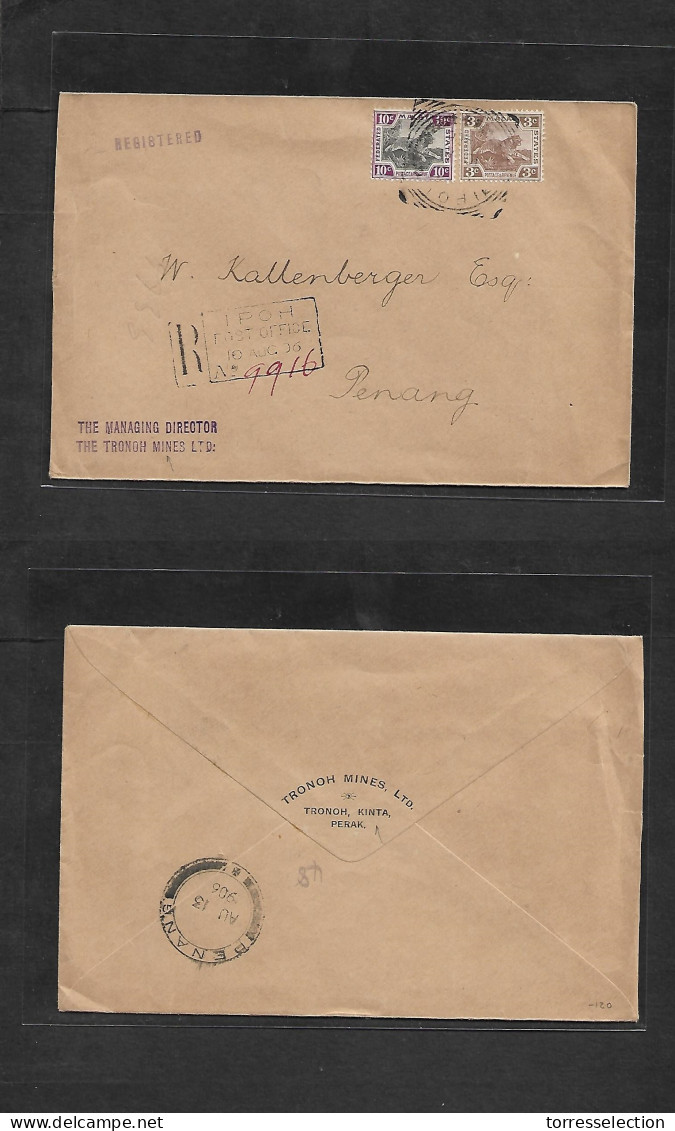 MALAYSIA. 1906 (10 Aug) Ipoh - Penang (13 Aug) Registered Comercial Multifkd Envelope. XF Fresh Condition. - Malaysia (1964-...)