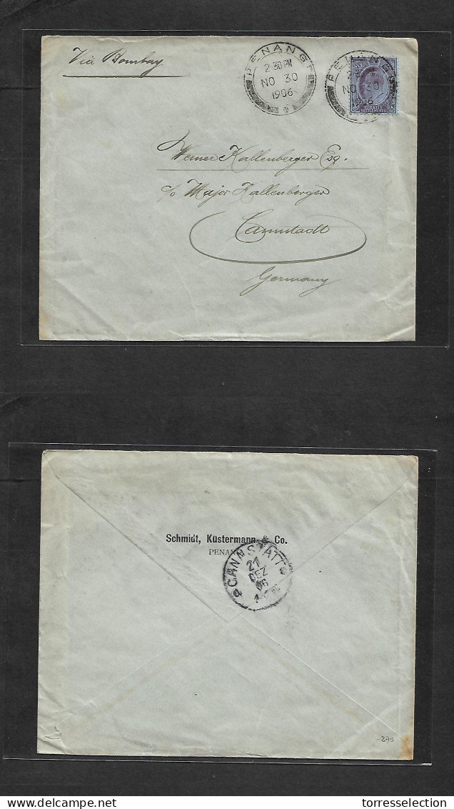 MALAYSIA. 1906 (30 Nov) Penang - Germany, Cannstadt (21 Dec) Via Bombay. Comercial German Established Cº. 8a Lilac / Blu - Malaysia (1964-...)