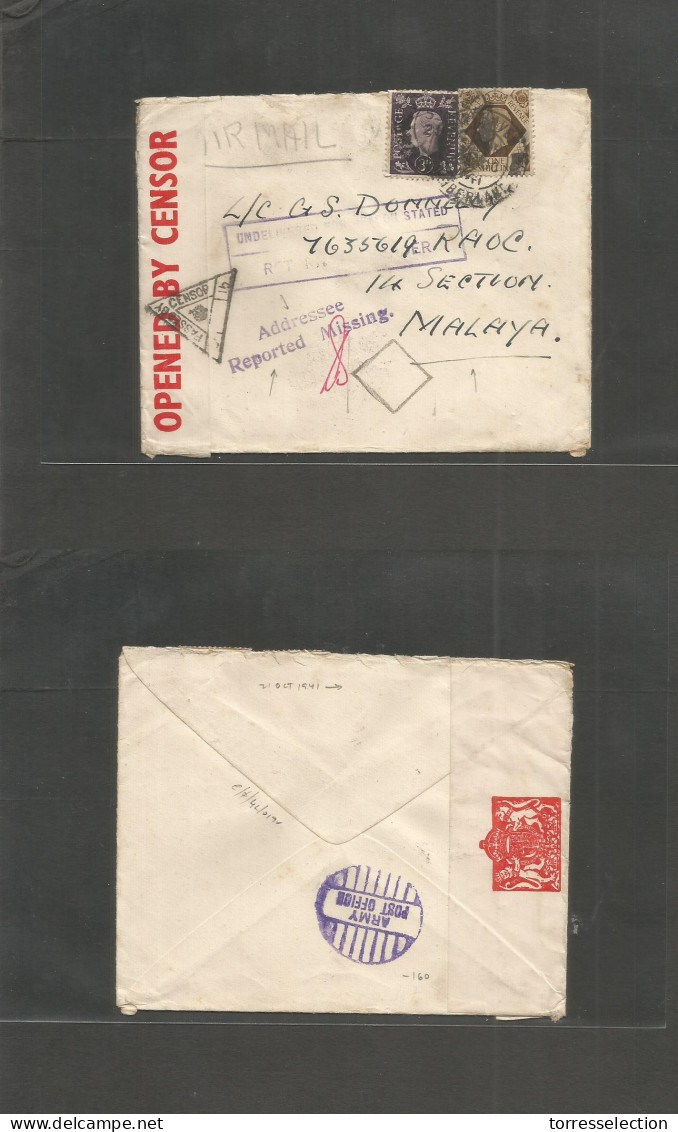 MALAYSIA. 1941 (21 Oct) UK - Malaya, RAOC. Air Fkd + India Censor + Army PO + Aux Cachet. Addresse Reported Missing + Re - Malaysia (1964-...)