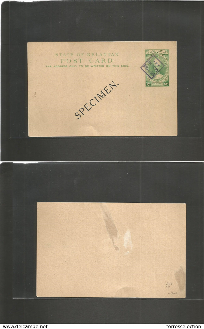 MALAYSIA. C. 1920s. KELANTAN. 2c Green Stationary Card. SPECIMEN Ovpt AOF Archives Files. French Ecuatorial Africa (Afri - Malaysia (1964-...)