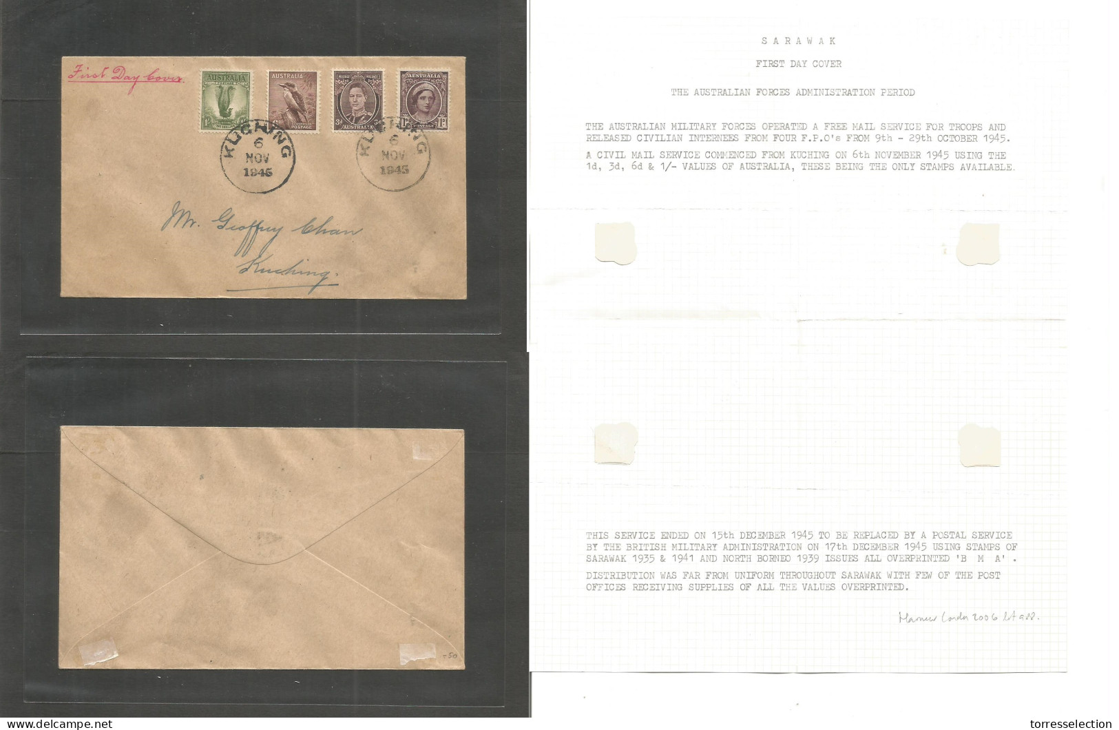 MALAYSIA. 1945 (6 Nov.). Australian Troops. Kuding Local Multifranked Circulated Envelope. Ex-Harmers Of London Sale 200 - Malaysia (1964-...)