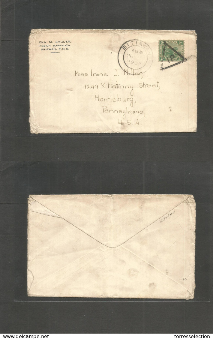 MALAYSIA. 1932 (26 May) Sitiawan, FMS - USA, PA, Harrisburg. 2c Fkd Env, Missionary, Cds + "1P" Triangle, On Unsealed En - Malaysia (1964-...)