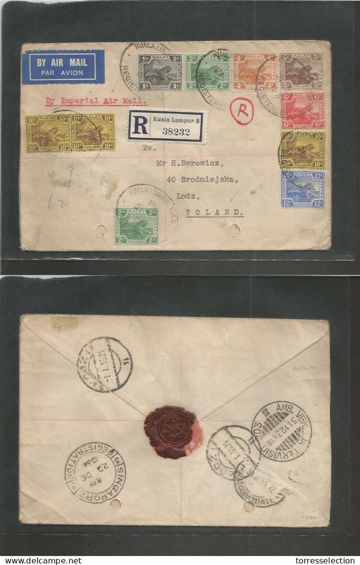 MALAYSIA. 1934 (21 Dec) Kuala Lumpur - Poland, Lodz (1 Jan 35) Registered Multifkd Envelope. Via Singapore - Venezia (31 - Malaysia (1964-...)