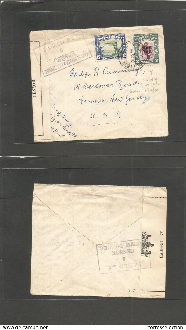 MALAYSIA. 1941 (2 Apr) North Borneo. Esselton - USA, Verma, NJ. Multifkd Env Incl War Tax + Depart Censor Label + Cachet - Malaysia (1964-...)