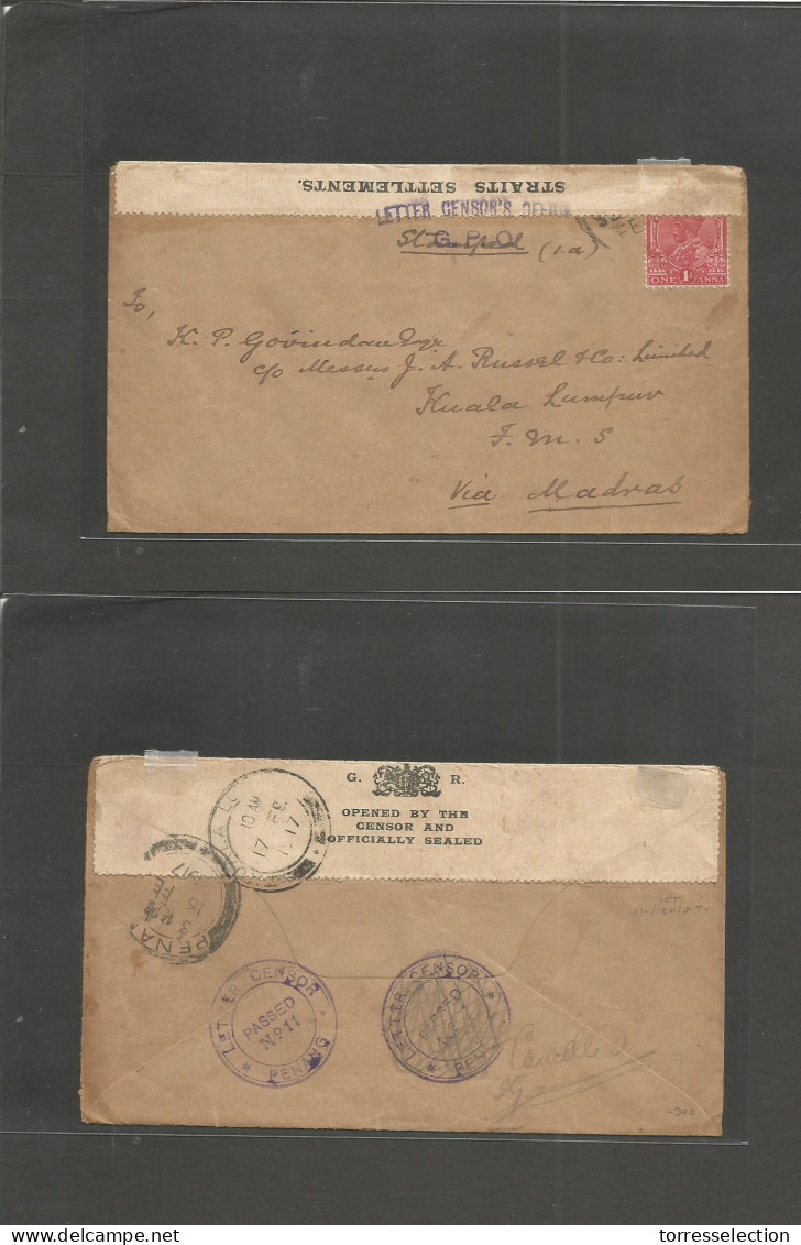 MALAYSIA. 1917 (16-17 Feb) WWI Censored Mail. India - Kuala Lumpur, FMS Via Madras. Fkd Env With Censor Label St. St Cen - Malaysia (1964-...)
