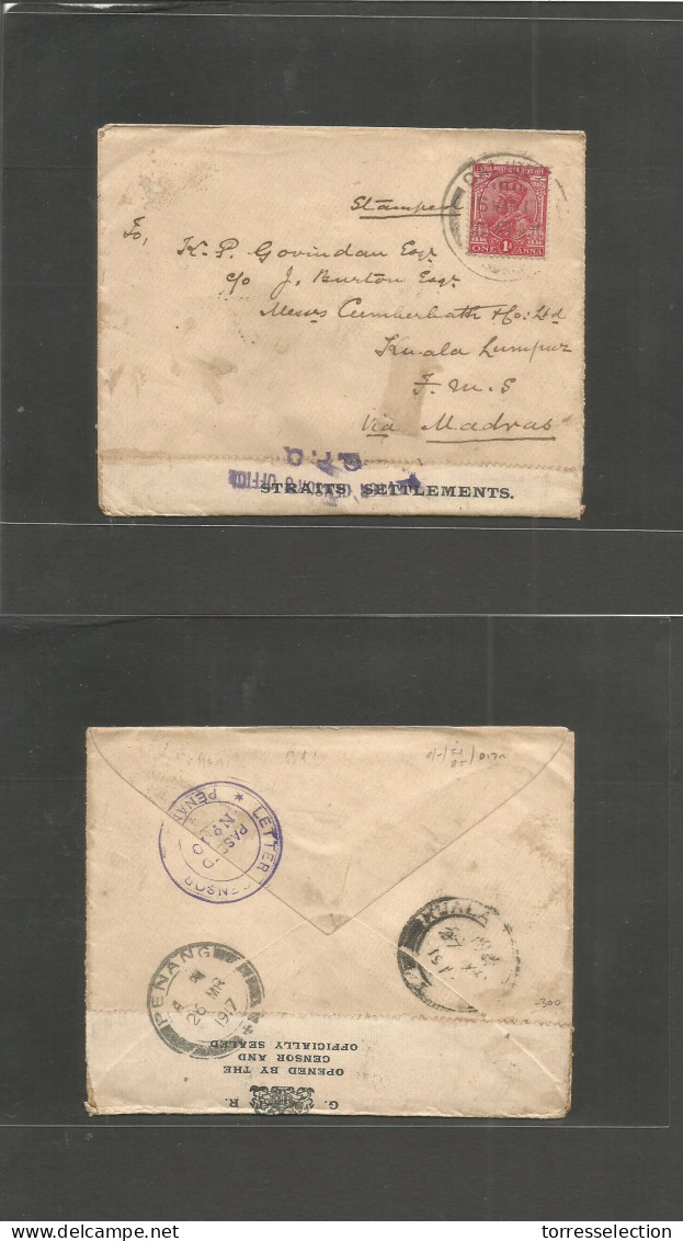 MALAYSIA. 1917 (26-27 March) WWI Censored Mail. India Daliout - Kuala Lumpur, FMS. Fkd Env + Censor St. St Label + GPO C - Malaysia (1964-...)