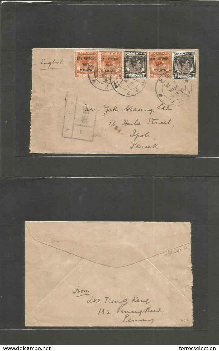 MALAYSIA. 1944 (14 Aug) Japanese - Malaya Occup. Penang - Ipoh, Perak. Multifkd Ovptd Issue + Multicacheted Envelope. VF - Malaysia (1964-...)