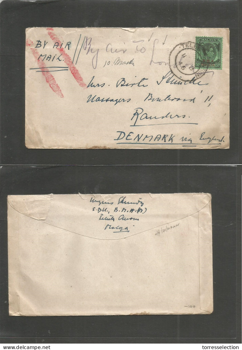 MALAYSIA. 1946 (11 March) BMA. Teluk Anson - Randers, Denmark. "By Air To London" Mns Postal Circulation (very Early Pos - Malaysia (1964-...)