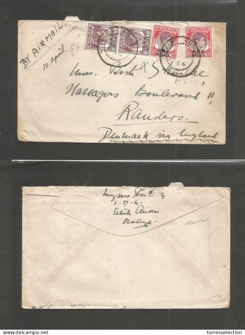 MALAYSIA. 1946 (10-12 April) BMA Teluk Anson - Randers, Denmark. Air Via England Multifkd Env, Cds. VF. - Malaysia (1964-...)