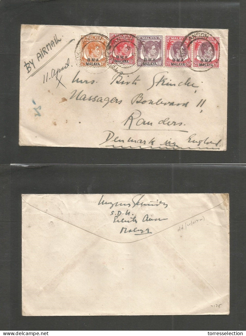 MALAYSIA. 1946 (12 April) BMA. Teluk Anson - Randers, Denmark. Via England Airmail Multifkd Env. Neat Cds. VF. - Malaysia (1964-...)