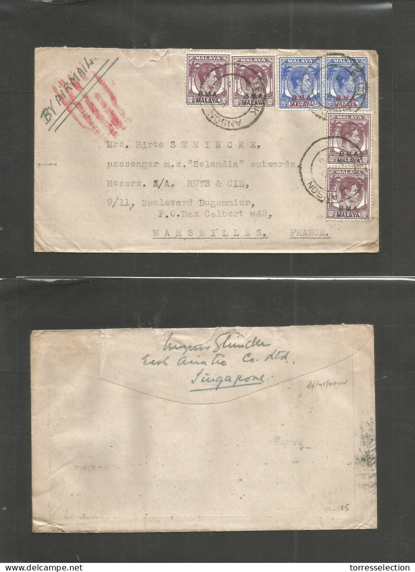 MALAYSIA. 1946 (4 May) BMA Teluk Anson - France, Marseille. Air Multifkd Envelope + Modified Route. Via England At 70c R - Malaysia (1964-...)