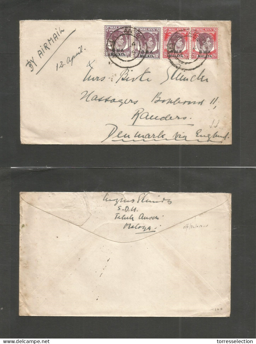 MALAYSIA. 1946 (12-13 April) BMA. Teluk Anson - Randers, Denmark. Air Via England Multifkd Env. VF Postmark Strike. - Malaysia (1964-...)