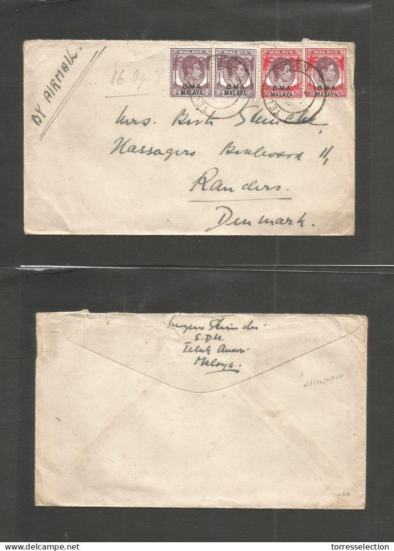 MALAYSIA. 1946 (17 April) BMA. Teluk Anson - Randers, Denmark. Air Multifkd Env (via England) VF Postmark Usage. - Malaysia (1964-...)