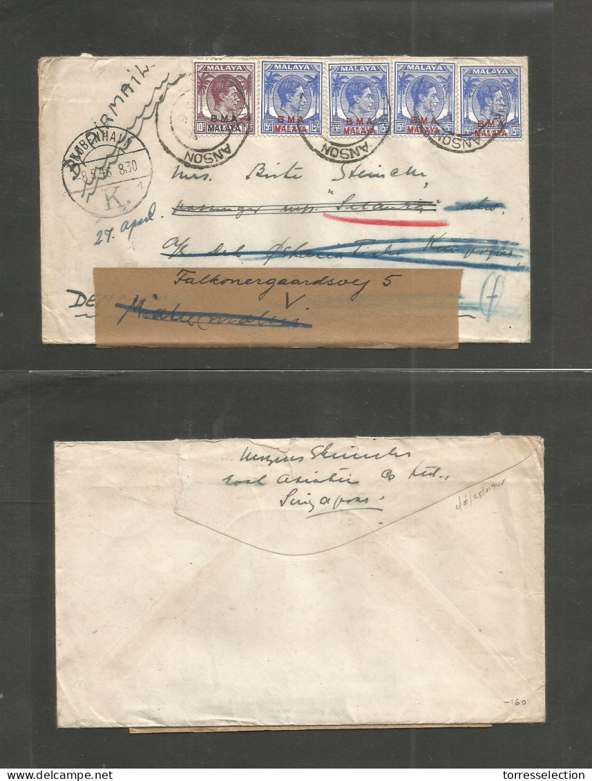 MALAYSIA. 1946. BMA, Teluk Anson - Denmark, Kph (8 May) Fwded. Multifkd Env At 70c Rate Cds. VF. - Malaysia (1964-...)