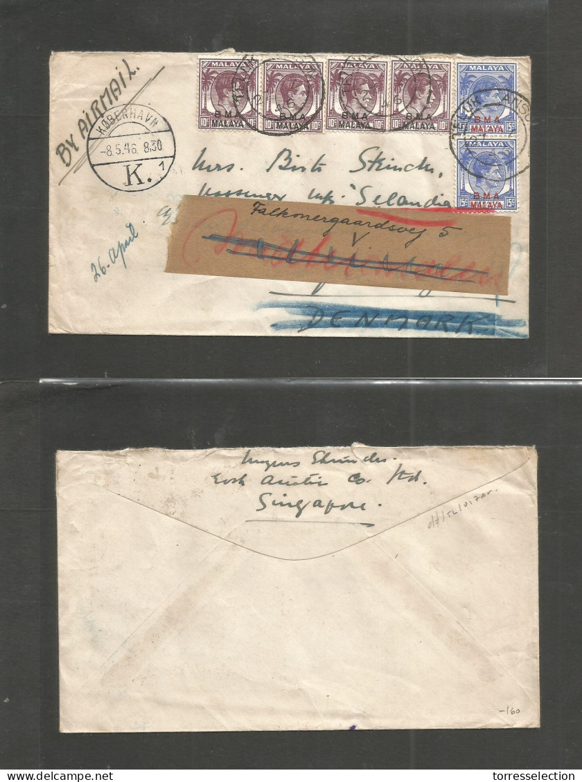 MALAYSIA. 1946 (22 April) BMA. Teluk Anson - Randers, Denmark Fwded Kopenhagen (8 May) Air Multifkd Env Neat Cds. VF. - Malaysia (1964-...)