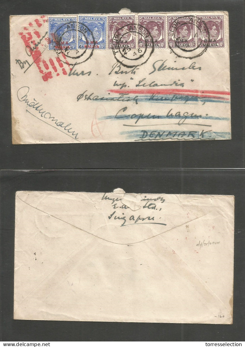 MALAYSIA. 1946 (25 April) BMA. Teluk Anson - Denmark, Kph, Fwded. Air Mutifkd Env. VF + Cds + Aux Cachets. - Malaysia (1964-...)